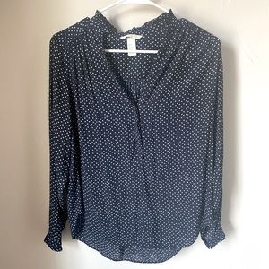 V neck navy blouse with white polkadots